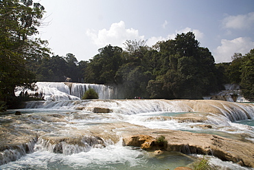 Tourists viewing the cascades, Rio Tulija, Agua Azul National Park, near Palenque, Chiapas, Mexico, North America