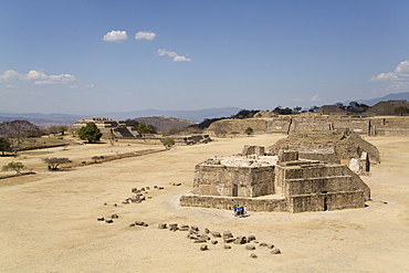 Plaza Principal, view from the Southern Platform, Buiding J, Observatory in the foreground, Monte Alban, UNESCO World Heritage Site, Oaxaca, Mexico, North America