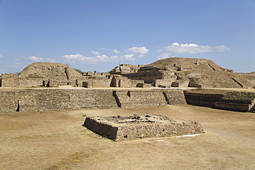 Sunken Patio in the foreground with Building E in background right and Building I in background left, Monte Alban, UNESCO World Heritage Site, Oaxaca, Mexico, North America