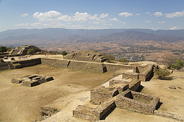 Sunken Patio in foreground with Building Group IV in background left, Monte Alban, UNESCO World Heritage Site, Oaxaca, Mexico, North America