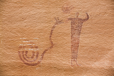 Buckhorn Wash Pictograph Panel, with snake symbol and human, Barrier Canyon Style, dating from 2000 BC to 1 AD, San Rafael Swell, Utah, United States of America, North America