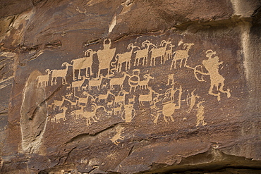 The Great Hunt Panel, Fremont style petroglyphs from AD 700 to AD 1200, Cottonwood Canyon near the junction of Nine Mile Canyon, Utah, United States of America, North America