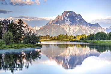 Water reflection of Mount Moran, taken from Oxbow Bend Turnout, Grand Teton National Park, Wyoming, United States of America, North America