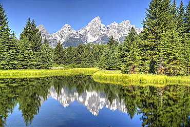 Water reflection of the Teton Range, taken from the end Schwabacher Road, Grand Teton National Park, Wyoming, United States of America, North America