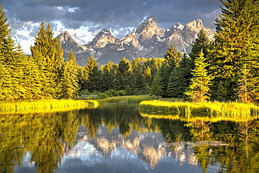 Water reflection of the Teton Range, taken from the end Schwabacher Road, Grand Teton National Park, Wyoming, United States of America, North America