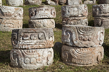 Stone Glyphs in front of the Palace of Masks, Kabah Archaeological Site, Yucatan, Mexico, North America