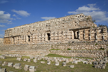 Stone Glyphs in front of the Palace of Masks, Kabah Archaeological Site, Yucatan, Mexico, North America