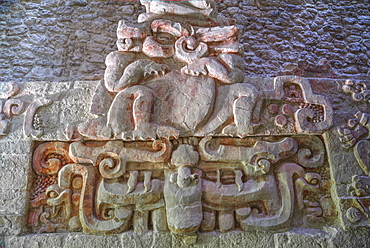 Painted stucco frieze, 55 feet long, inside Structure I, Classic Period, Balamku, Mayan archaeological site, Peten Basin, Campeche, Mexico, North America