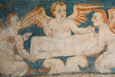 Close-up of 16th century frescoes, Church of San Bernadino de Siena and Convent of Sisal, founded in 1552, Valladolid, Yucatan, Mexico, North America