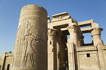 Pillar with bas-relief, Forecourt, Temple of Haroeris and Sobek, Kom Ombo, Egypt, North Africa, Africa