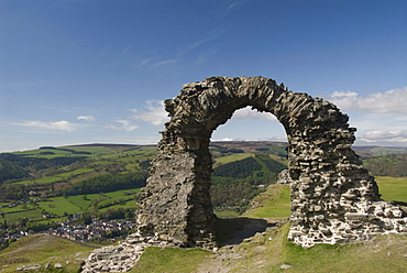 Ruins of Dinas Bran Castle and village of Llangollen below, Denbighshire, Wales, United Kingdom, Europe