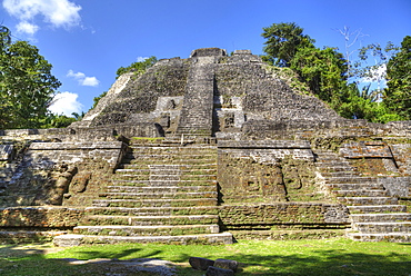 Stucco mask (lower left), The High Temple, Lamanai Mayan Site, Belize, Central America