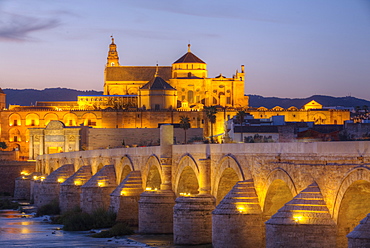 Roman Bridge in foreground and The Great Mosque (Mesquita) and Cathedral of Cordoba in the background, UNESCO World Heritage Site, Cordoba, Andalucia, Spain, Europe