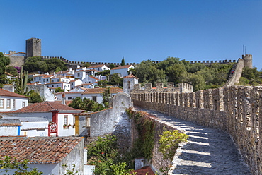 City overview with Wall and Medieval Castle in the background, Obidos, Portugal, Europe