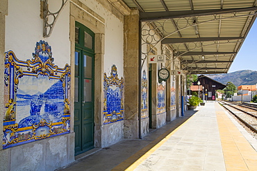 Tile paintings, Pinhao Railroad Station, Alto Douro Wine Valley, UNESCO World Heritage Site, Portugal, Europe