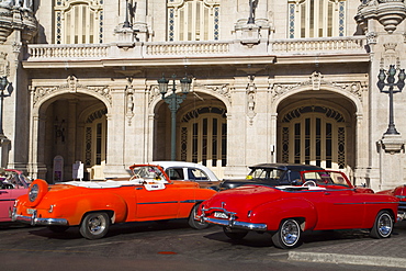 Vintage cars in front of Grand Theater, Centro Habana, Havana, Cuba, West Indies, Central America