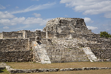 Temple of Warriors in the foreground, Painted Niches Temple in the background, Mayan Ruins, Mayapan Archaeological Site, Yucatan, Mexico, North America