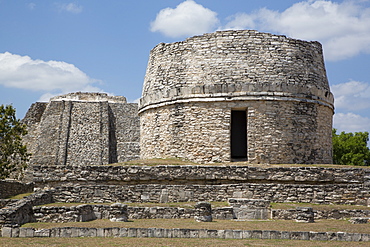 Observatory in foreground), Kukulcan Castle in background, Mayan Ruins, Mayapan Archaeological Site, Yucatan, Mexico, North America