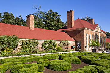 Green House on right, Slave Quarters on left, Upper Garden in foreground, Mount Vernon, Virginia, United States of America, North America