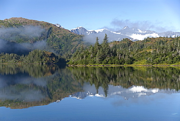 Low lying fog, Shrode Lake, Prince William Sound, Alaska, United States of America, North America