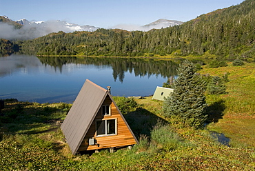 US Forest Service cabin, Shrode Lake, Prince William Sound, Alaska, United States of America, North America