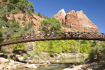 The Virgin River, foot bridge to access the Emerald Pools, Zion National Park, Utah, United States of America, North America