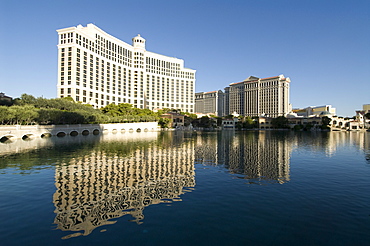 Bellagio Hotel on left and  Caesars Palace Hotel on the right, Las Vegas, Nevada, United States of America, North America