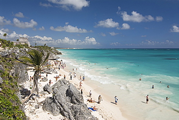 Tulum Beach, with El Castillo (the Castle) at the Mayan ruins of Tulum in the background, Quintana Roo, Mexico, North America