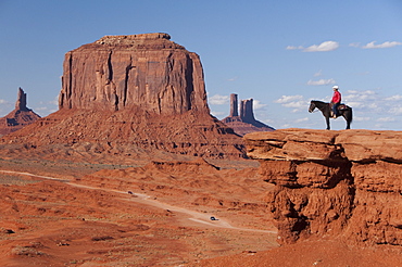 Monument Valley Navajo Tribal Park, view from John Ford's Point, Navajo Man on Horse, Utah, United States of America, North America