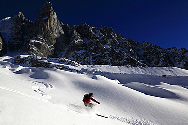 A skier enjoying perfect powder snow on the celebrated Pas de Chevre off-piste run, with the Dru in the background, Chamonix Valley, Chamonix, Haute Savoie, French Alps, France, Europe