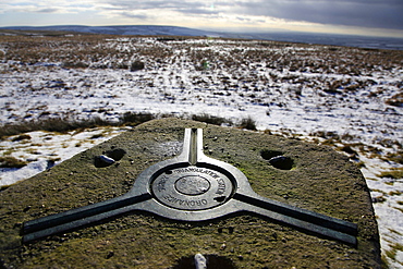 Looking west from an old Ordnance Survey triangulation point on The Chains above Blackmoor Gate in winter, Exmoor, Devon, England, United Kingdom, Europe