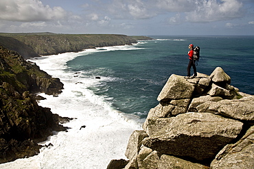 Looking west towards Cape Cornwall and Lands End from Bosigran Cliff, West Penwith, Cornwall, England, United Kingdom, Europe