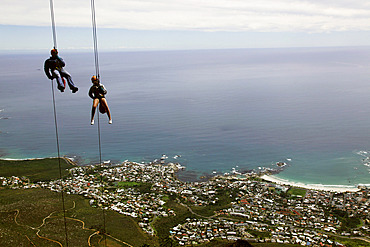 Abseilers descend cliffs on Table Mountain above Cape Town, Cape Peninsula, Western Cape, South Africa, Africa