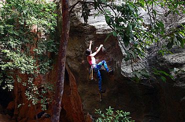 A climber scaling limestone cliffs in the jungle at Serra do Cipo, Minas Gerais, Brazil, South America