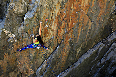 A woman rock climbing on cliffs on the Gower Peninsula, Wales, United Kingdom, Europe