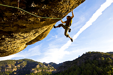 Rock climber in action, Margalef, Catalonia, Spain, Eurpe