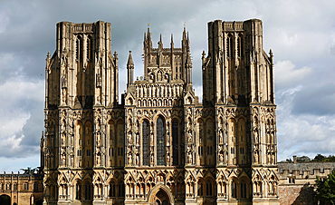 Wells Cathedral, a 12th Century Anglican cathedral in Wells, Somerset, England, dedicated to St Andrew the Apostle. It is the seat of the Bishop of Bath and Wells.