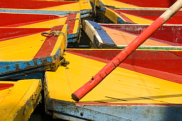 Close up of the colourful wooden boats at the Floating Gardens in Xochimilco, UNESCO World Heritage Site, Mexico City, Mexico, North America 