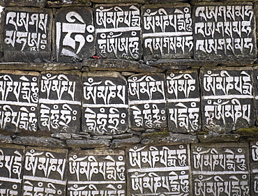 Close up of Mani stones along one of the trekking trails in the Sagarmatha National Park, UNESCO World Heritage Site, Nepal, Asia