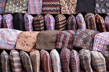 Traditional Nepalese hats on sale on a market stall in Kathmandu, Nepal, Asia