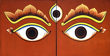 Buddha eyes painted on a door in Kathmandu, Nepal, Asia