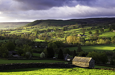 View down the valley of Swaledale taken from just outside Reeth, Yorkshire Dales, Yorkshire, England, United Kingdom, Europe