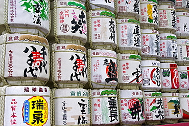 Traditional sake barrels at Meiji Jingu Shrine, Tokyo, Japan, Asia