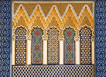 Ornate architectural detail above the entrance to the Royal Palace, Fez, Morocco, North Africa, Africa