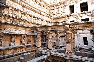 Ornately carved third storey level of the Adalaj stepwell, initiated by Rana Veer Singh in 1498 and completed by his widow Rudabai in 1499. It has 344 steps in total and includes both Hindu and Jain influences.