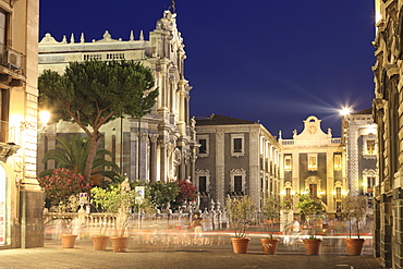 Piazza Duomo with Porta Uzeda in the background, at night, Catania, Sicily, Italy, Europe