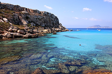 Reef and sea, Cala Rossa, Favignana Island, Trapani, Sicily, Italy, Mediterranean, Europe