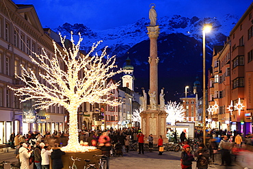 Christmas tree at dusk, Innsbruck, Tyrol, Austria, Europe