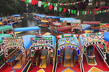 Brightly painted boats, Xochimilco, Trajinera, Floating Gardens, Canals, UNESCO World Heritage Site, Mexico City, Mexico, North America