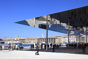 Ombriere, Mirrored Shelter, designed by Norman Foster, Vieux Port (Old Port), Marseille, Bouches du Rhone, Provence Alpes Cote d'Azur, Provence, France, Europe